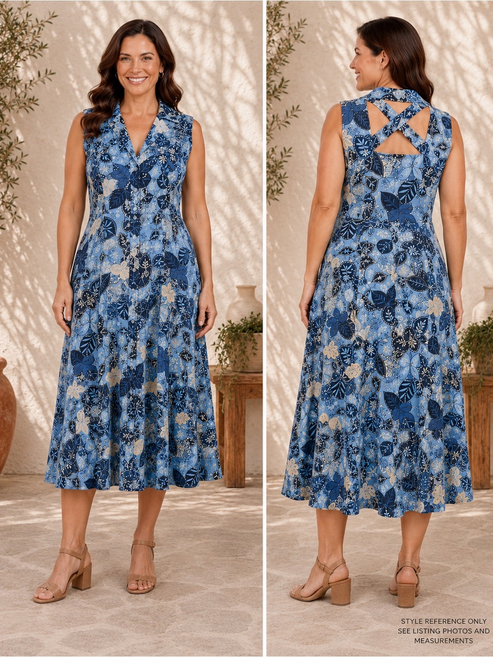NWT Vintage Coldwater Creek Batik Floral Midi Dress Blue 14